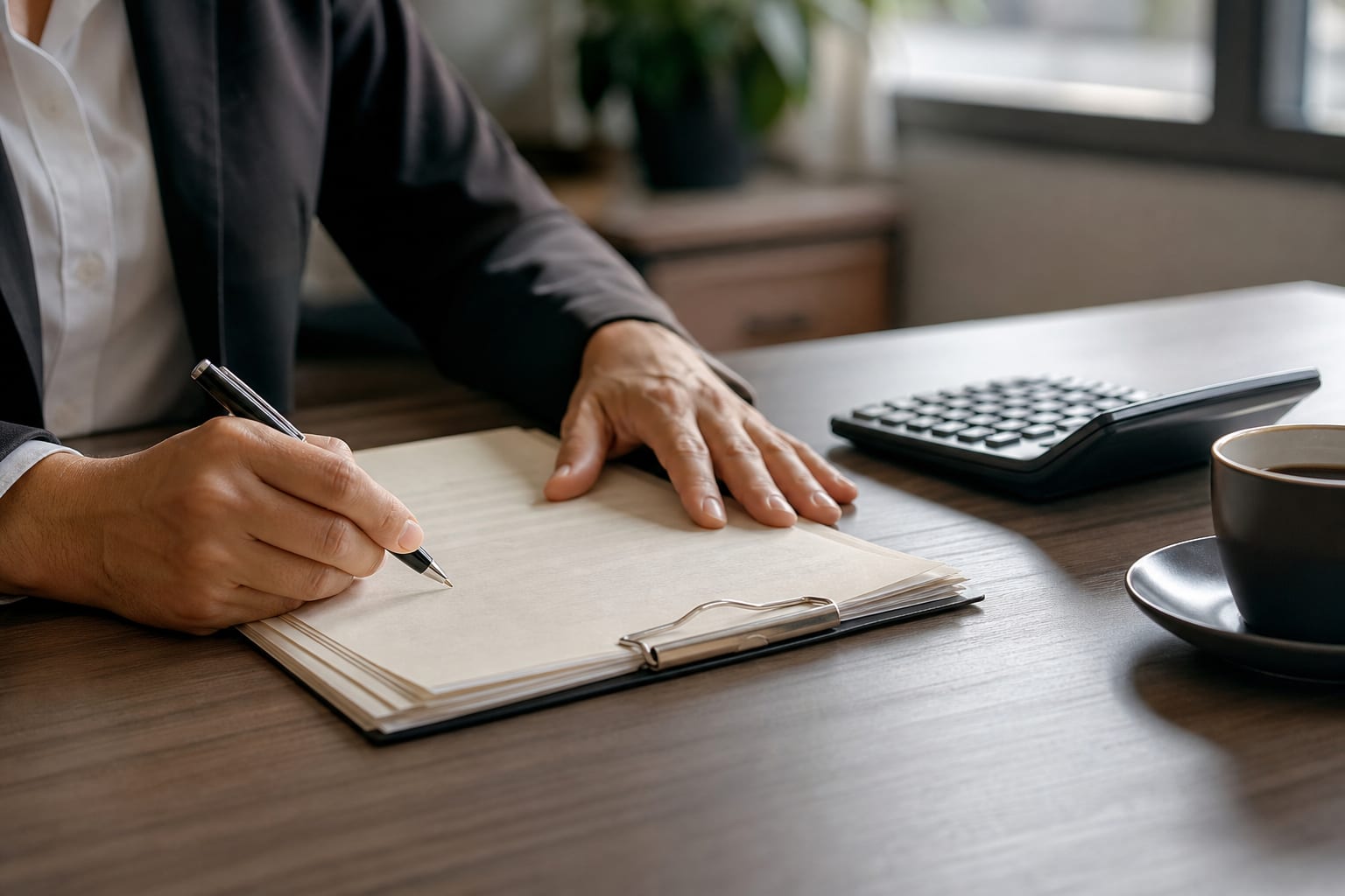 Mãos de contador revisando folhas de contrato de honorários sobre mesa com calculadora de mesa e xícara de café