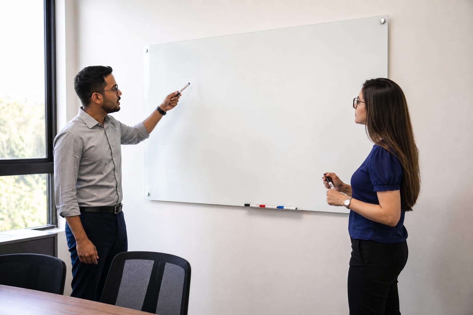 Dois profissionais de escritório contábil discutindo diante de um quadro branco vazio